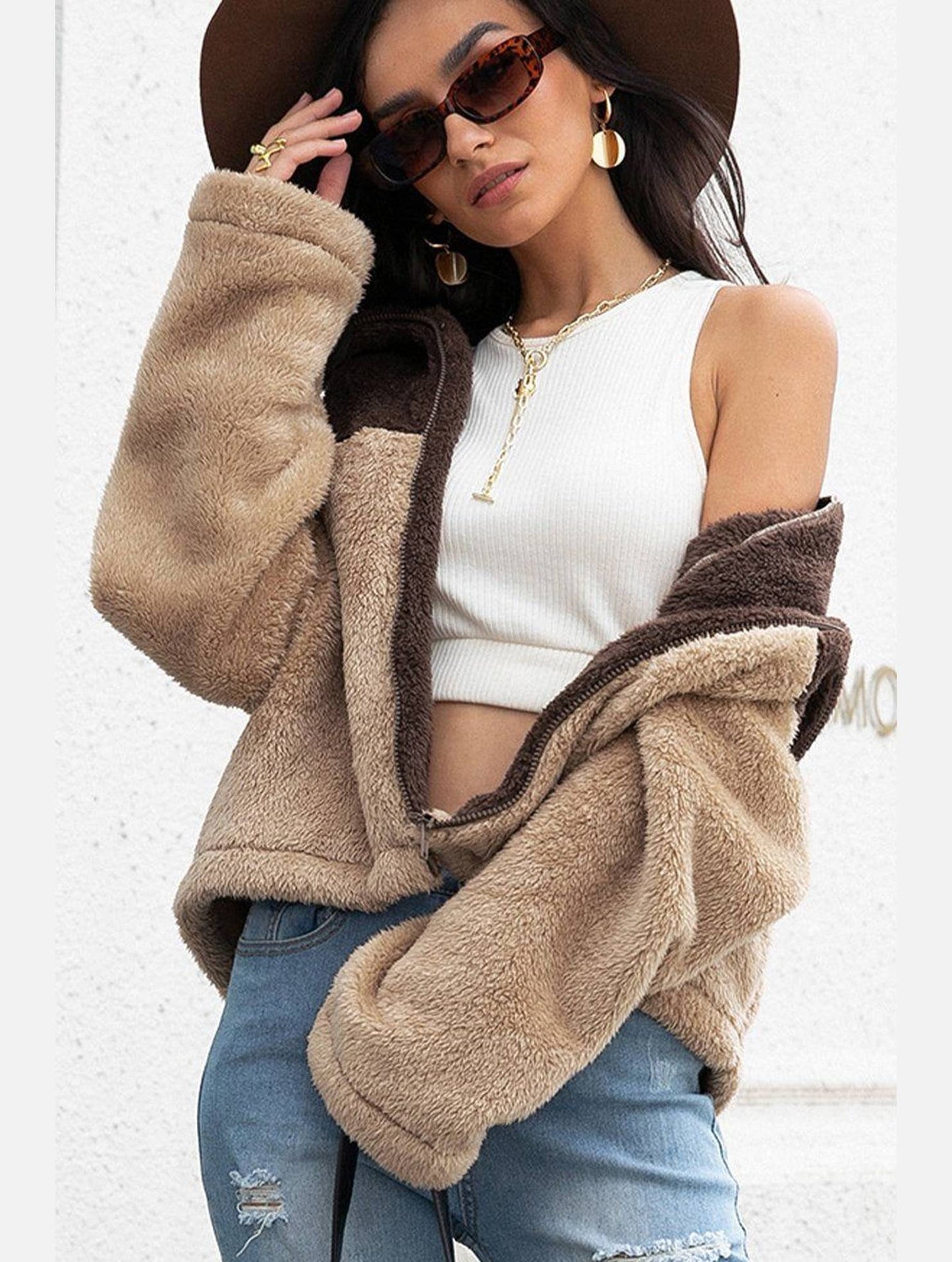 WOMEN HIGH NECK COLOR BLOCK ZIP UP FLEECE JACKET