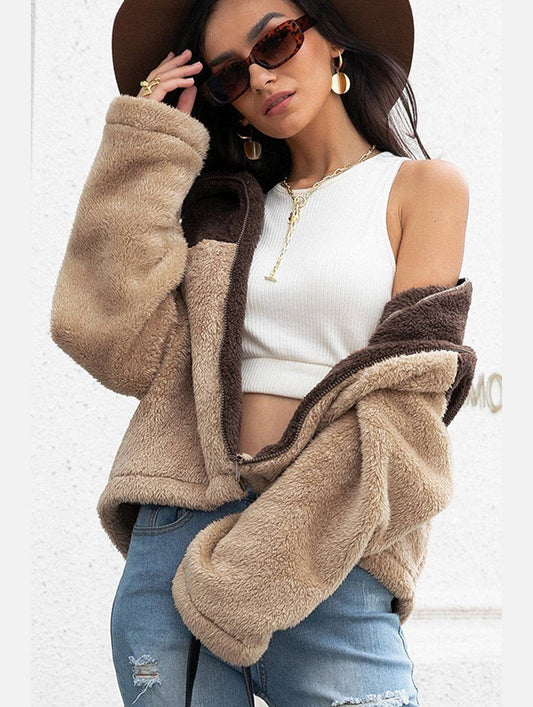 WOMEN HIGH NECK COLOR BLOCK ZIP UP FLEECE JACKET