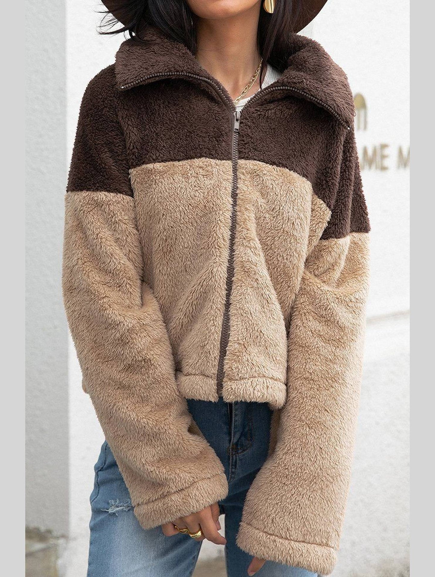 WOMEN HIGH NECK COLOR BLOCK ZIP UP FLEECE JACKET