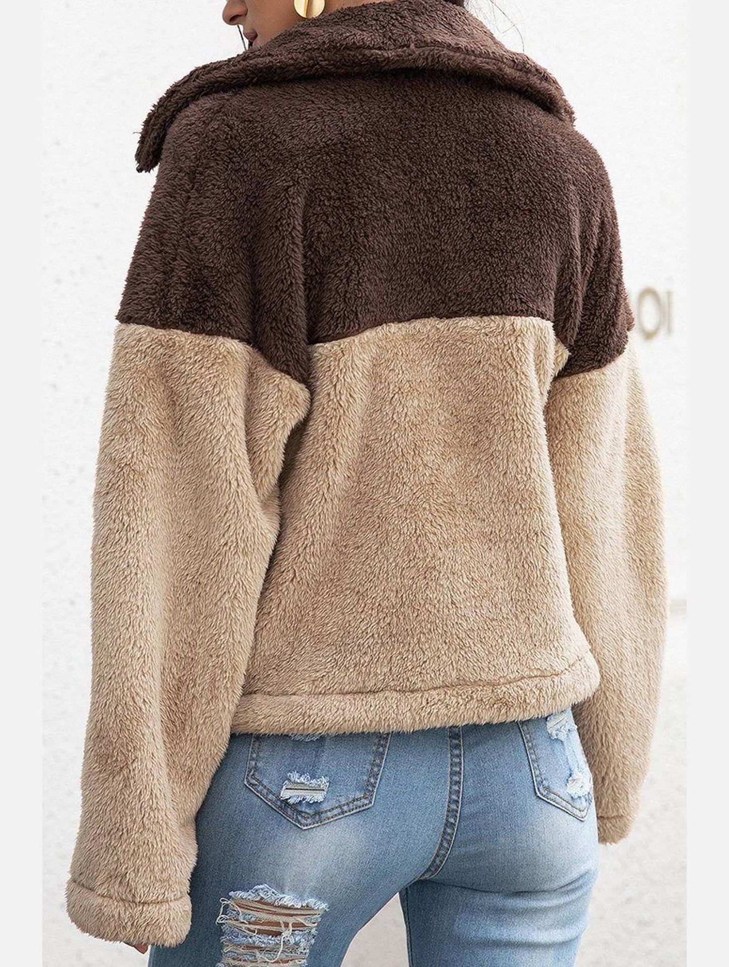 WOMEN HIGH NECK COLOR BLOCK ZIP UP FLEECE JACKET