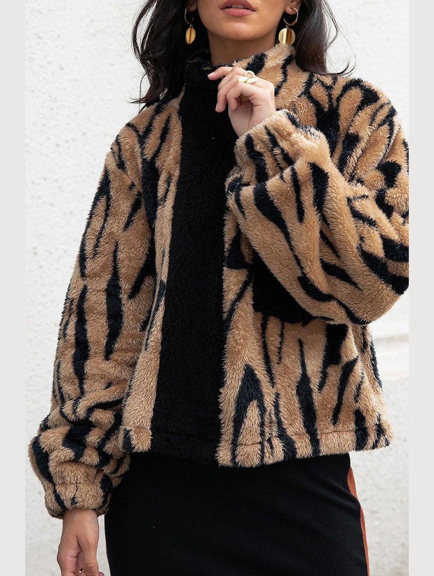 WOMEN ANIMAL PATTERNED WARM FLEECE JACKET