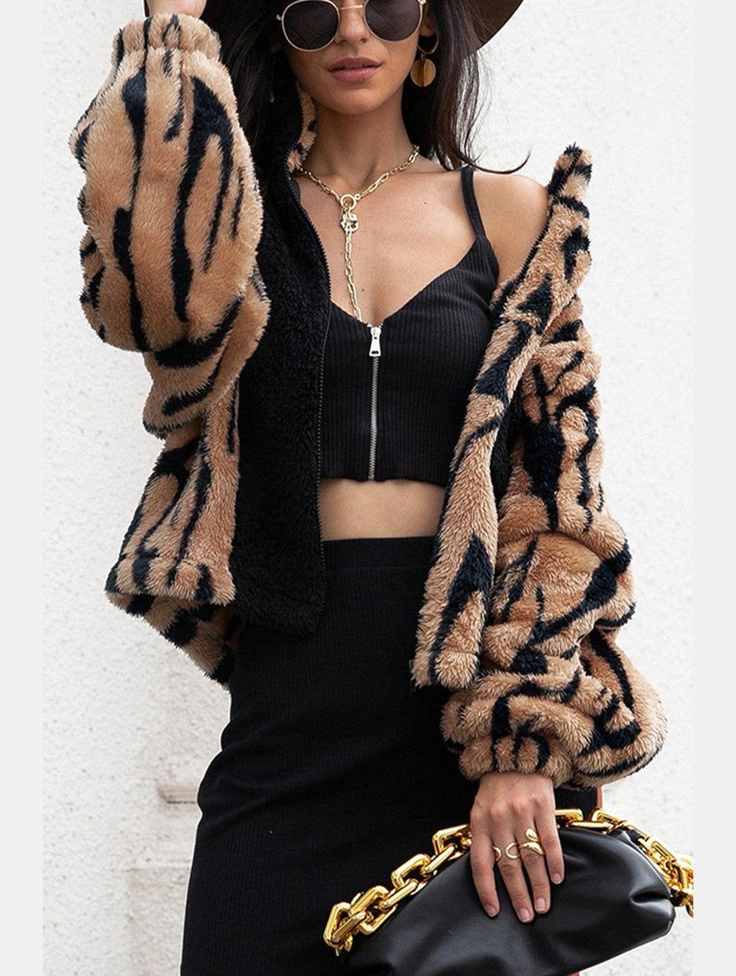 WOMEN ANIMAL PATTERNED WARM FLEECE JACKET