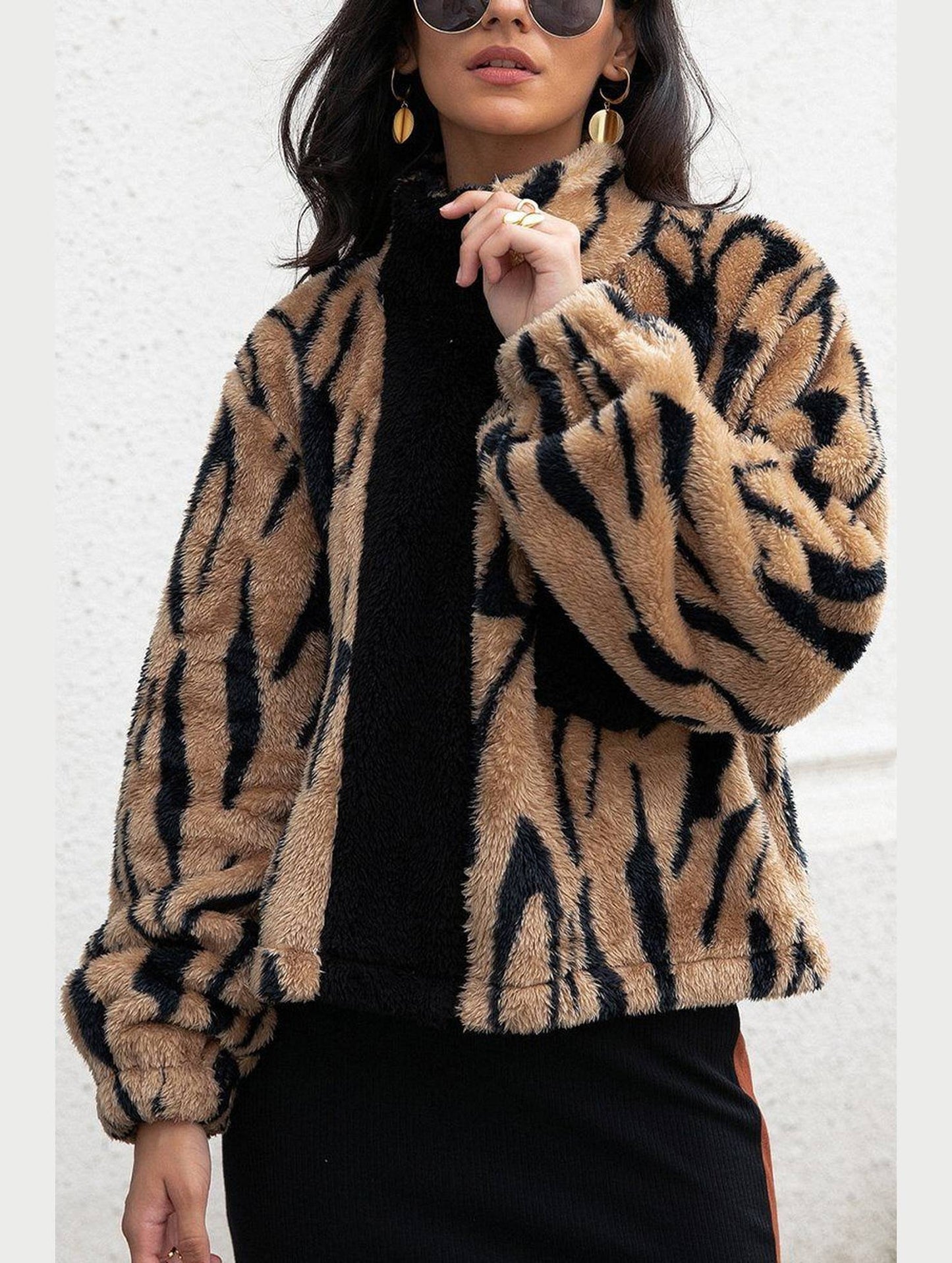 WOMEN ANIMAL PATTERNED WARM FLEECE JACKET