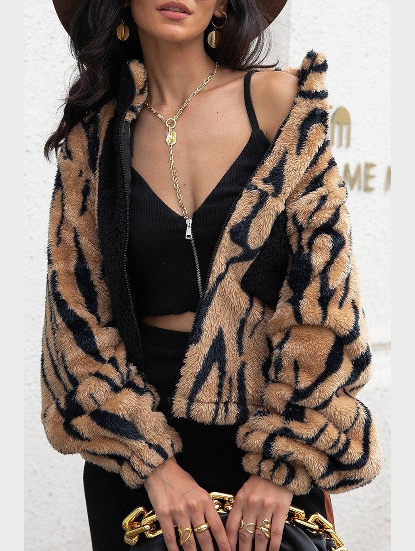 WOMEN ANIMAL PATTERNED WARM FLEECE JACKET