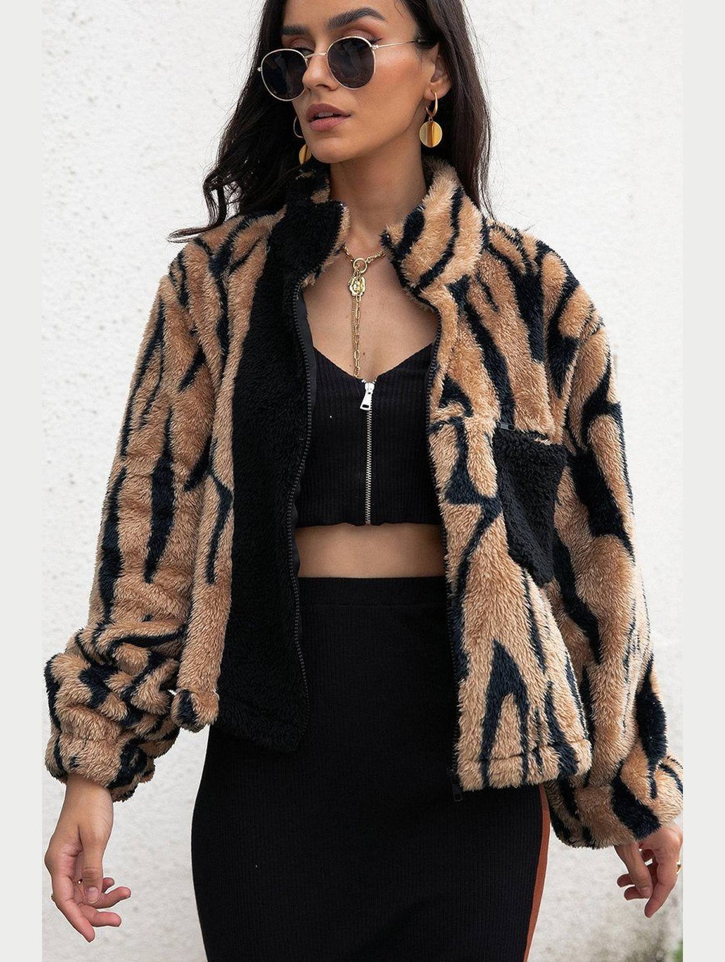 WOMEN ANIMAL PATTERNED WARM FLEECE JACKET