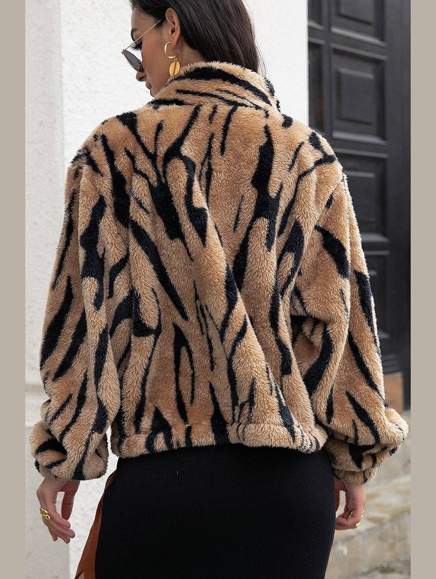 WOMEN ANIMAL PATTERNED WARM FLEECE JACKET