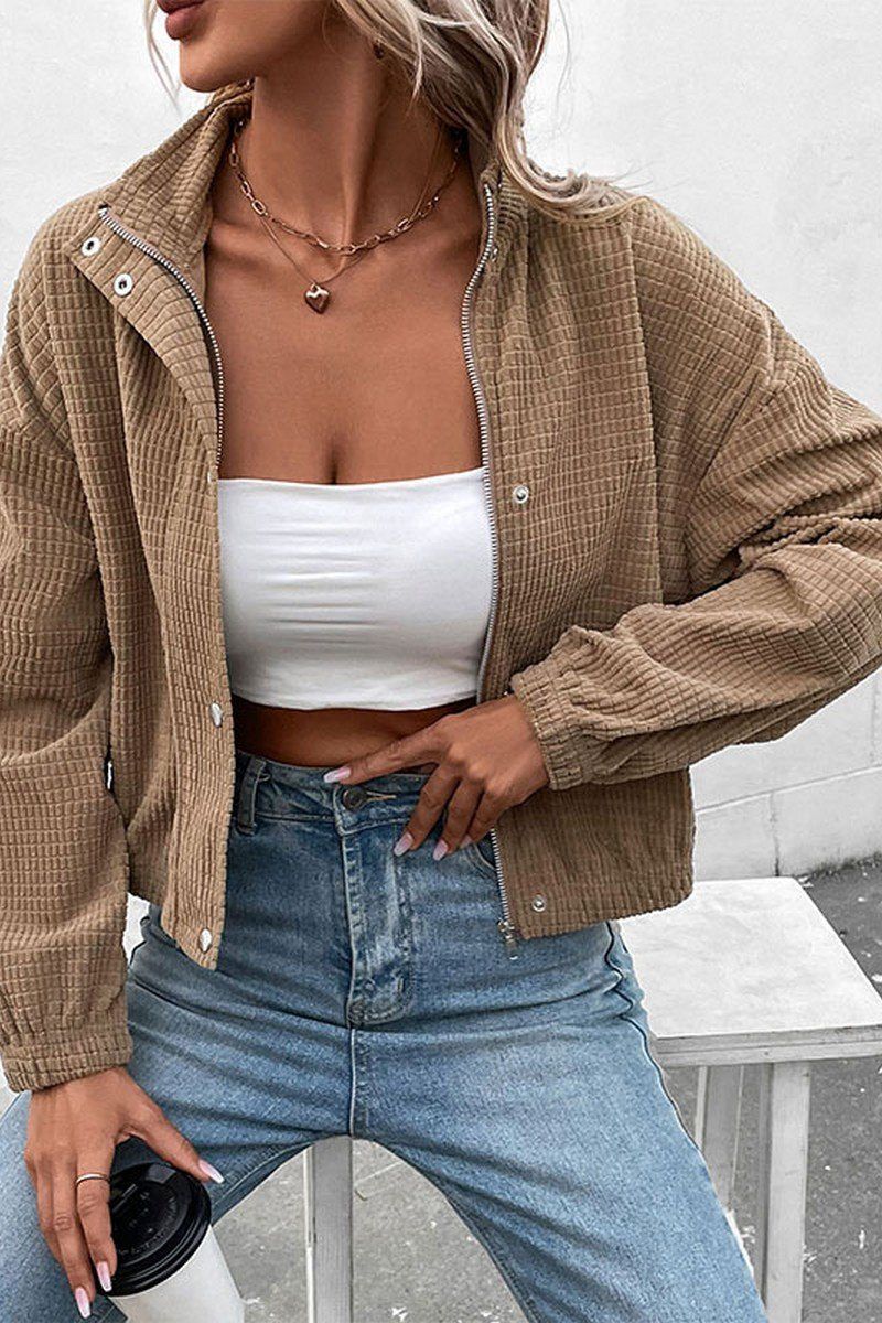 WOMEN HIGH NECK PLAID QUILTED BUTTON UP JACKET