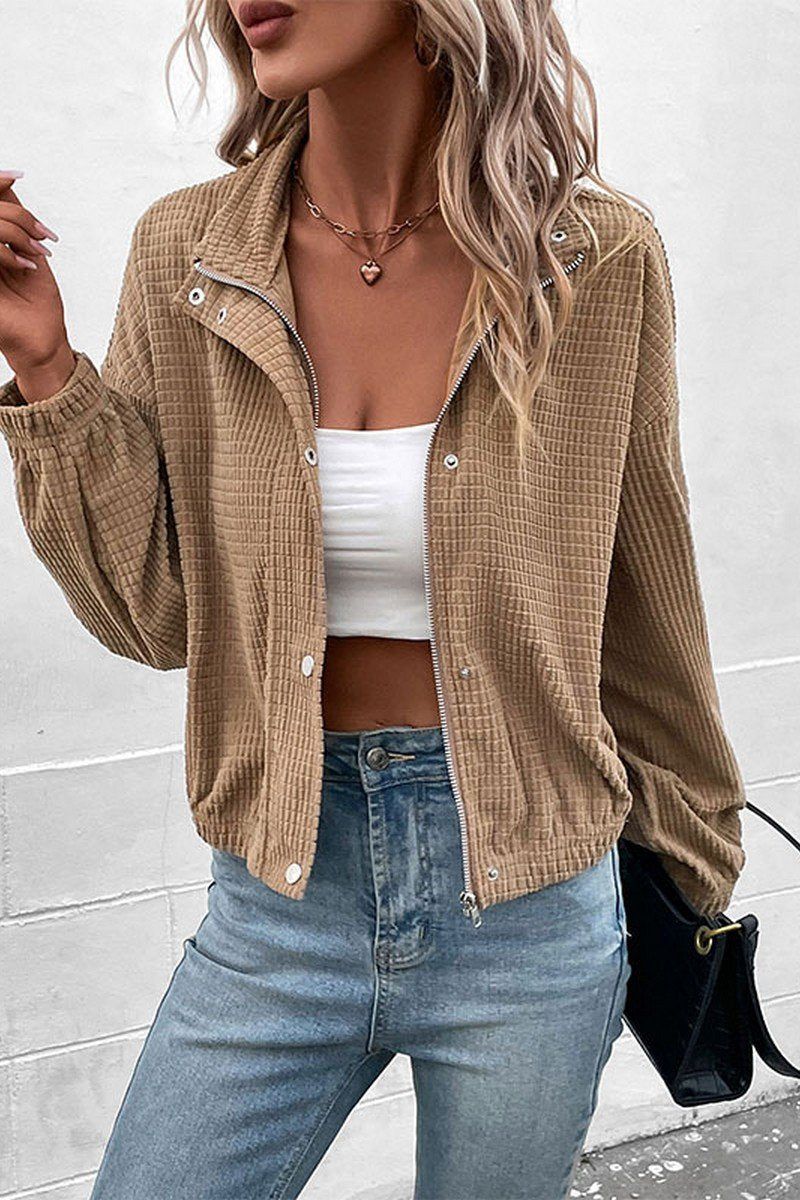 WOMEN HIGH NECK PLAID QUILTED BUTTON UP JACKET