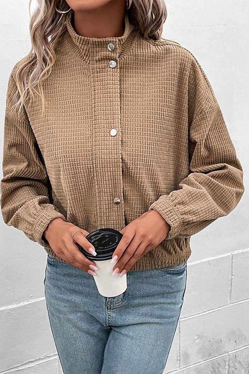 WOMEN HIGH NECK PLAID QUILTED BUTTON UP JACKET