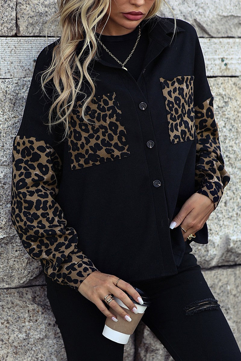WOMEN LEOPARD PATTERN BLOCKED CASUAL JACKET SHIRT