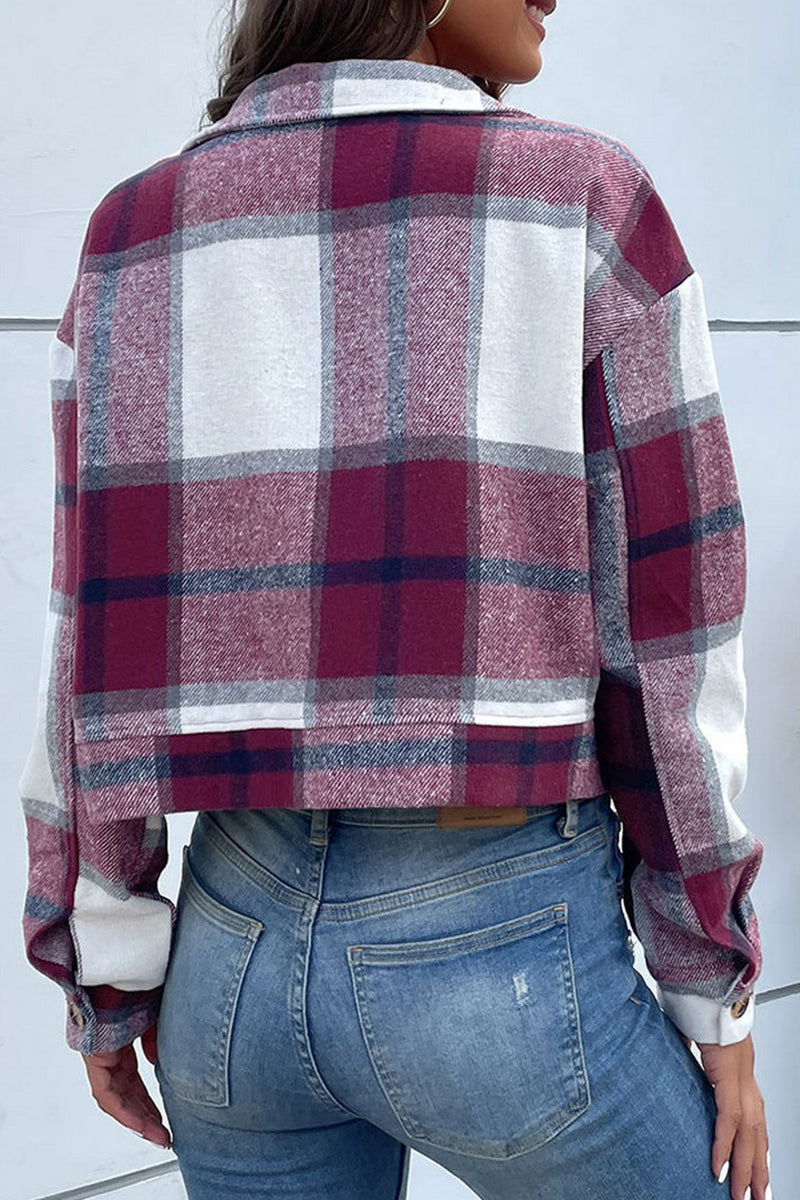 WOMEN PLAID PATTERN BUTTONED CROP JACKET