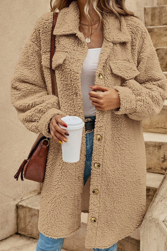 WOMEN PLUSH BUTTON DOWN KNEE LENGTH FLEECE JACKET