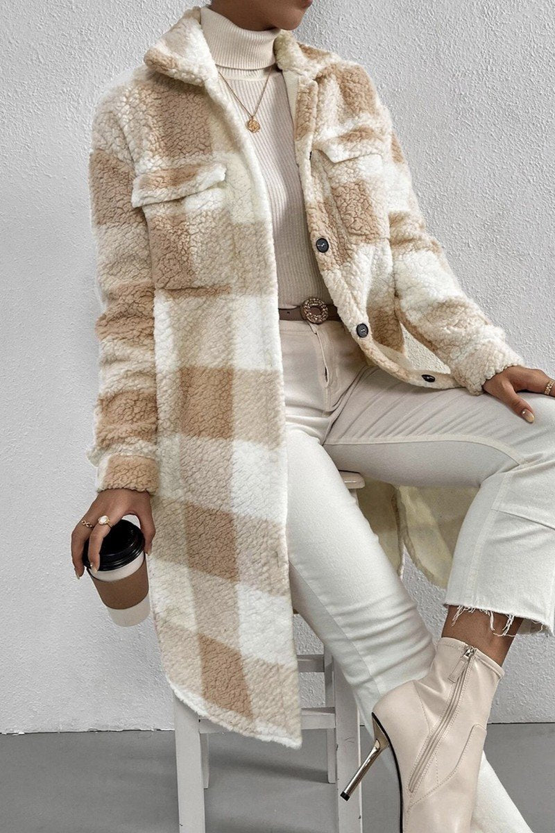 WOMEN WINTER PLAID PLUSH LONG FLEECE JACKET