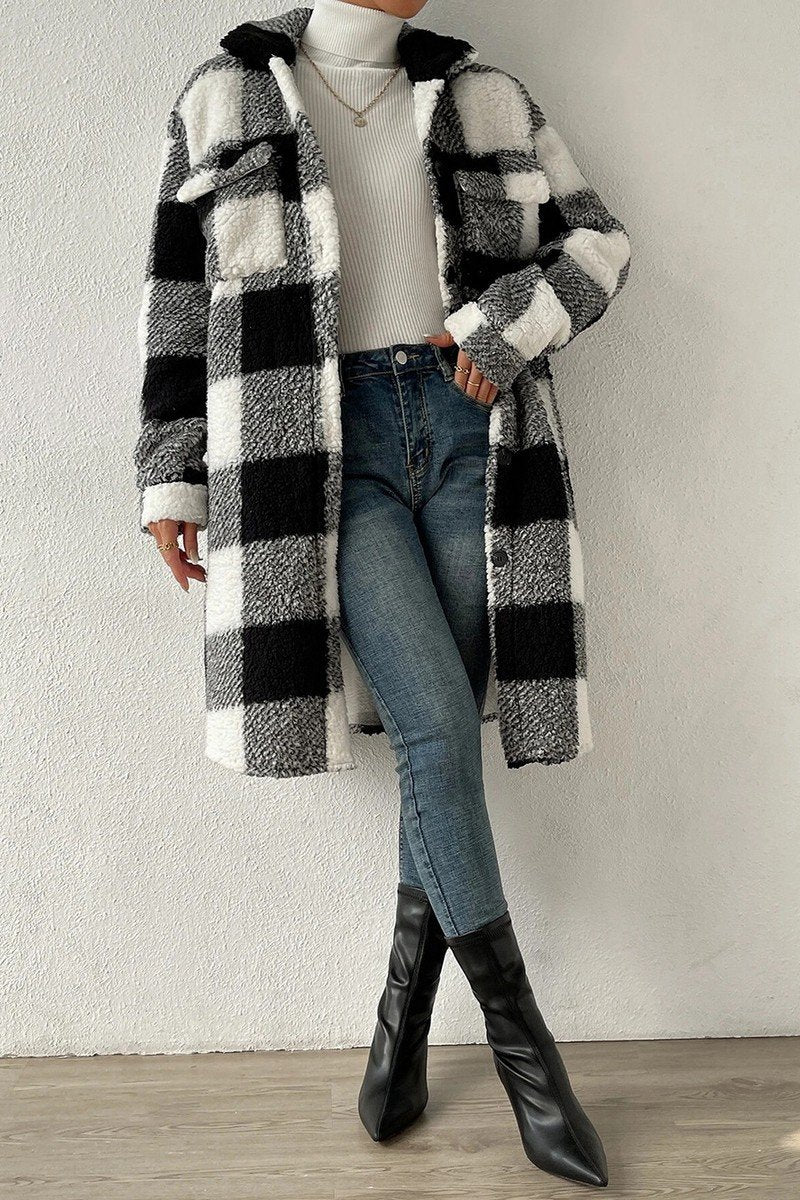 WOMEN WINTER PLAID PLUSH LONG FLEECE JACKET