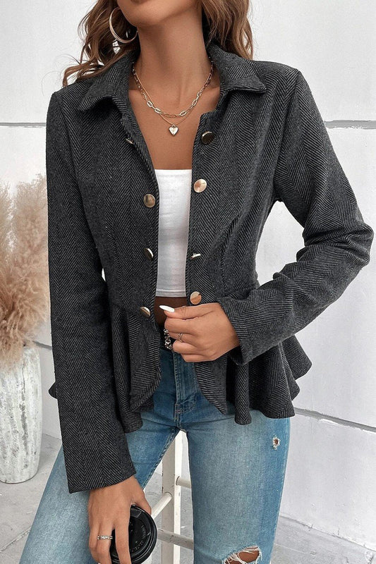 WOMEN RUFFLE HEM BUTTON CLOSURE OFFICE JACKET