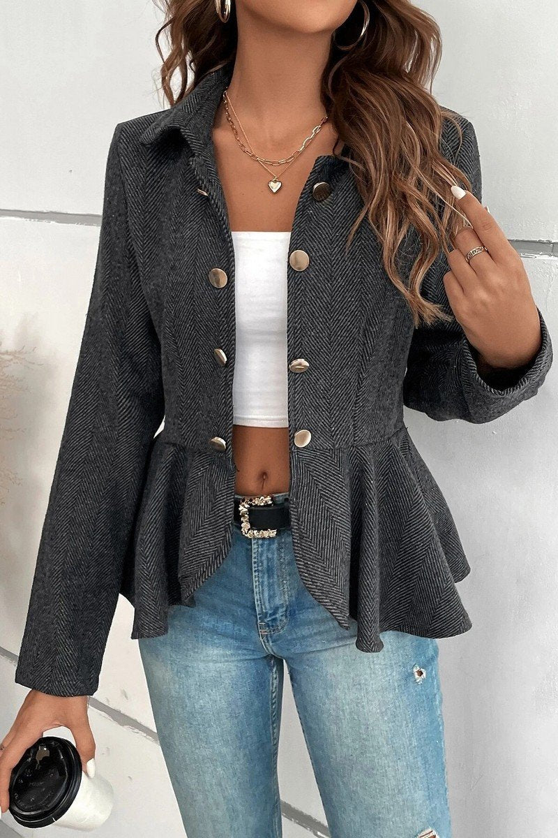 WOMEN RUFFLE HEM BUTTON CLOSURE OFFICE JACKET