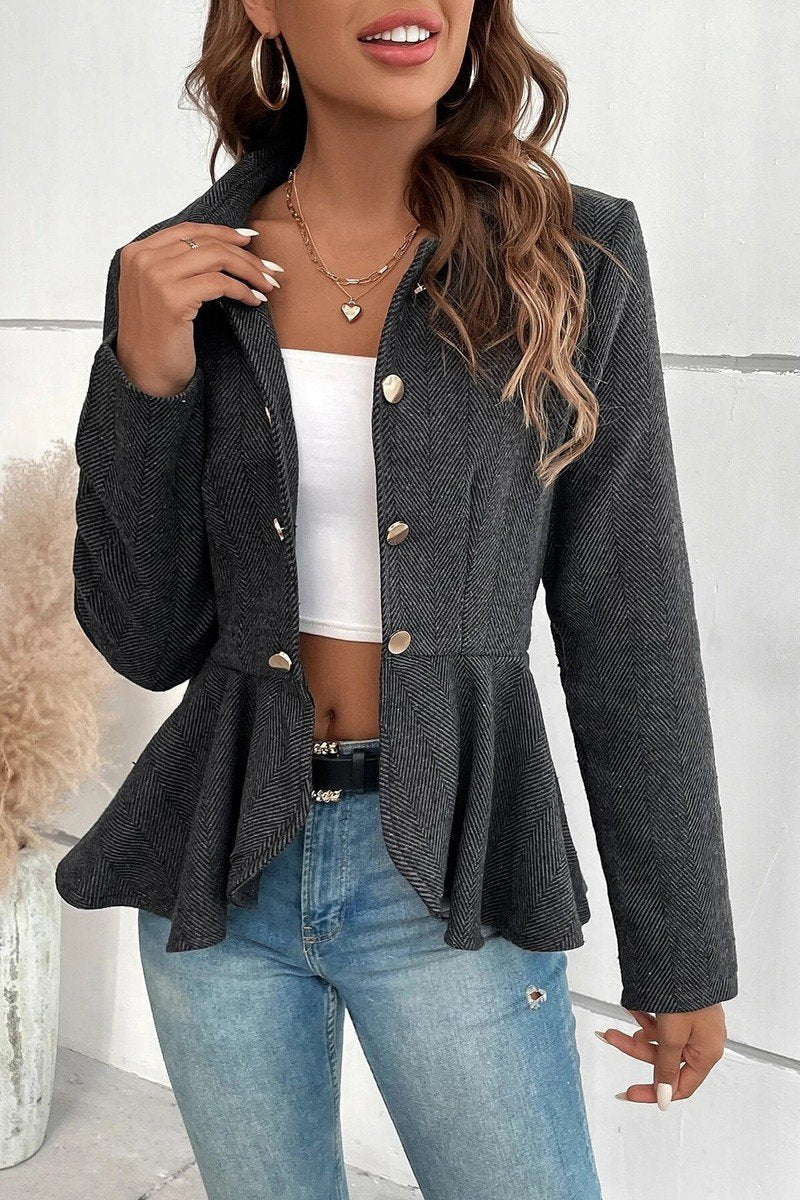 WOMEN RUFFLE HEM BUTTON CLOSURE OFFICE JACKET