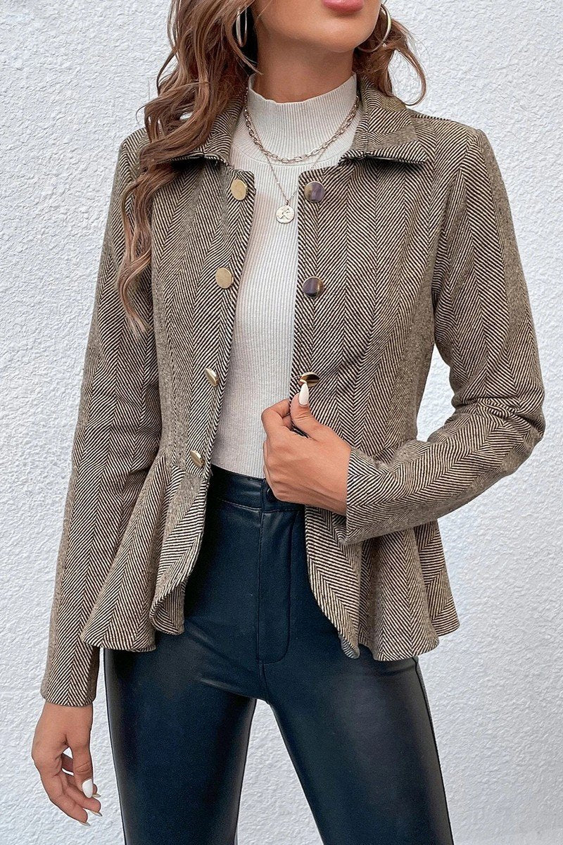 WOMEN RUFFLE HEM BUTTON CLOSURE OFFICE JACKET