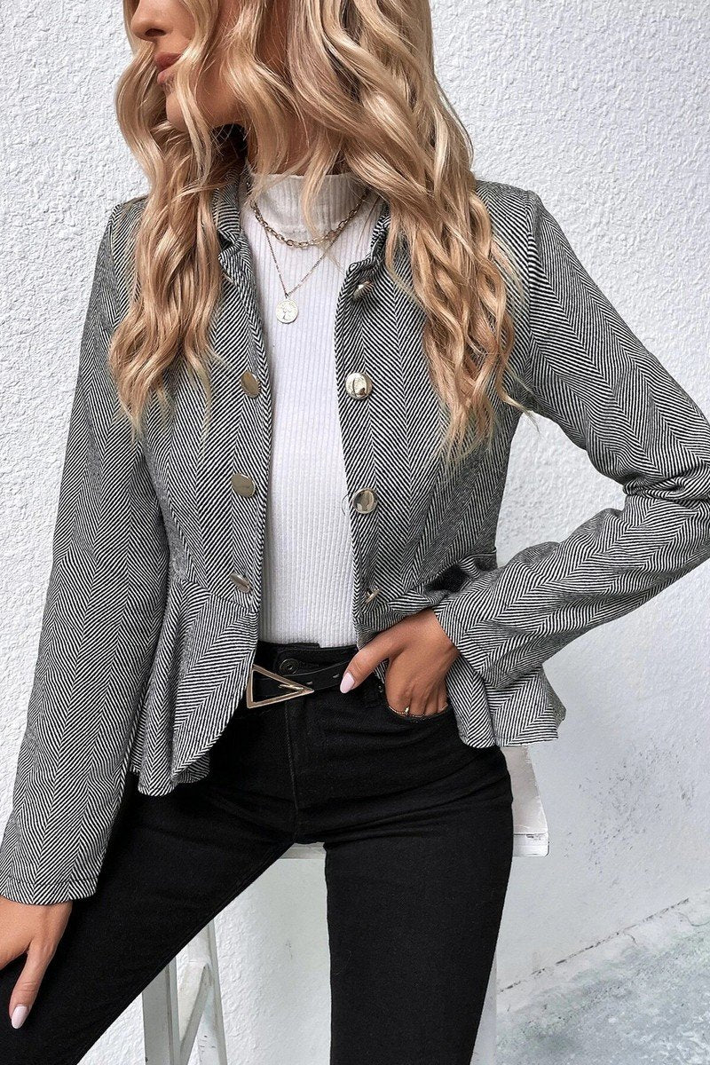 WOMEN RUFFLE HEM BUTTON CLOSURE OFFICE JACKET