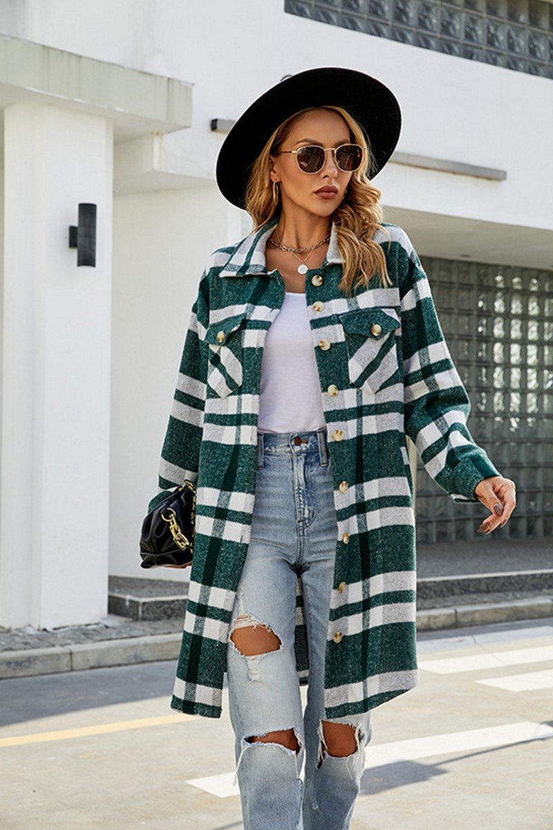 WOMEN FALL WINTER LONG LENGTH PLAID JACKET COAT