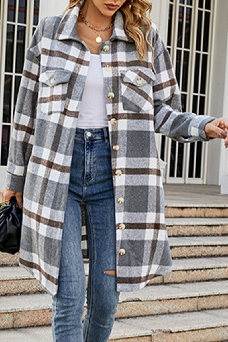 WOMEN FALL WINTER LONG LENGTH PLAID JACKET COAT