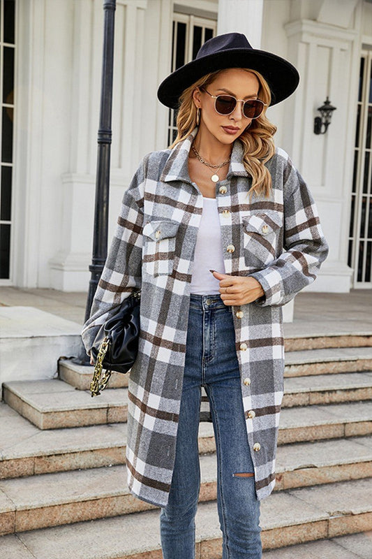 WOMEN FALL WINTER LONG LENGTH PLAID JACKET COAT