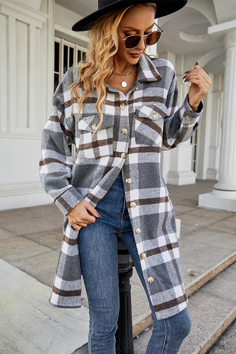 WOMEN FALL WINTER LONG LENGTH PLAID JACKET COAT