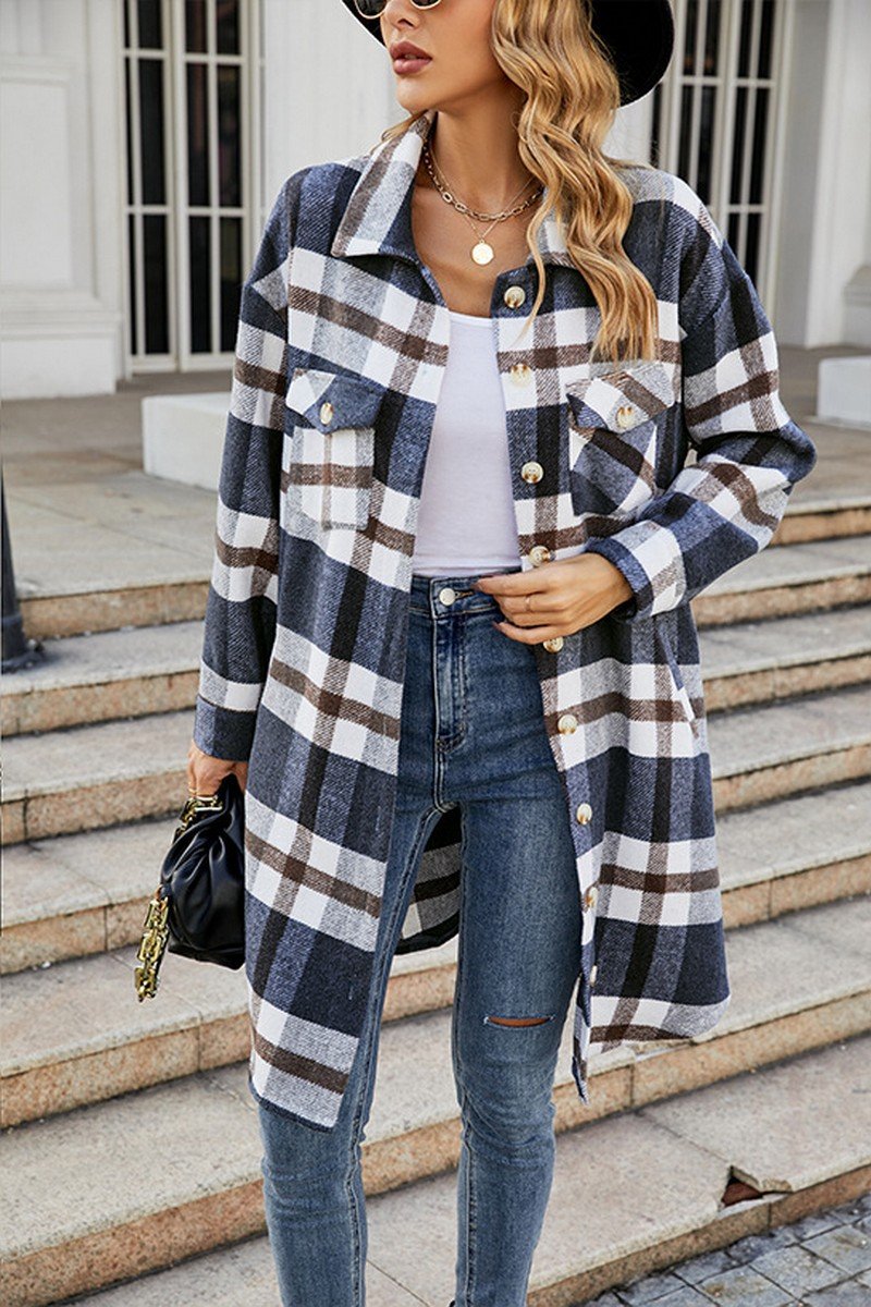WOMEN FALL WINTER LONG LENGTH PLAID JACKET COAT