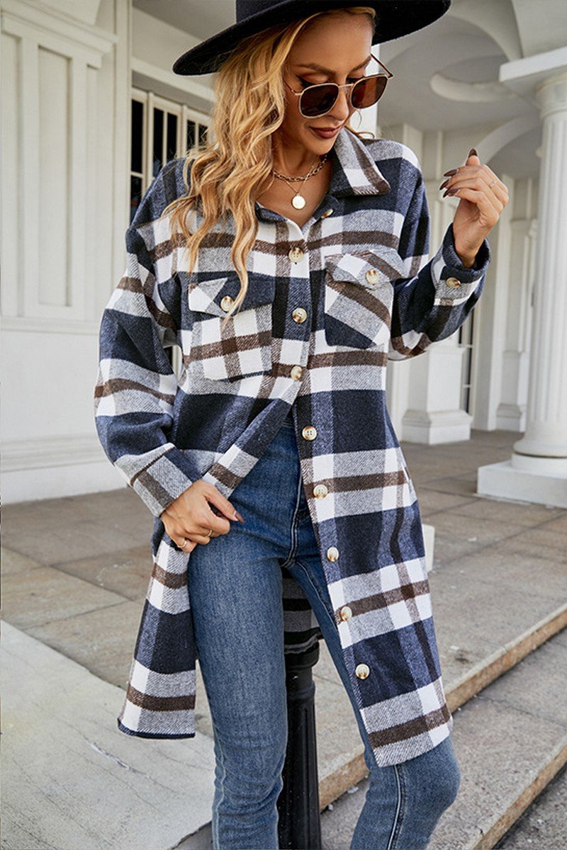 WOMEN FALL WINTER LONG LENGTH PLAID JACKET COAT