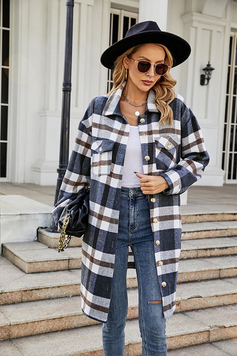 WOMEN FALL WINTER LONG LENGTH PLAID JACKET COAT