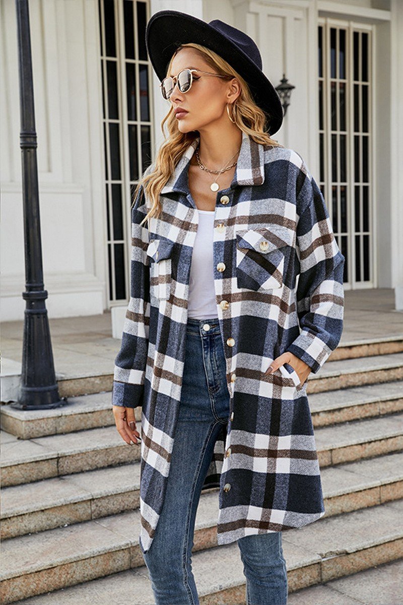 WOMEN FALL WINTER LONG LENGTH PLAID JACKET COAT