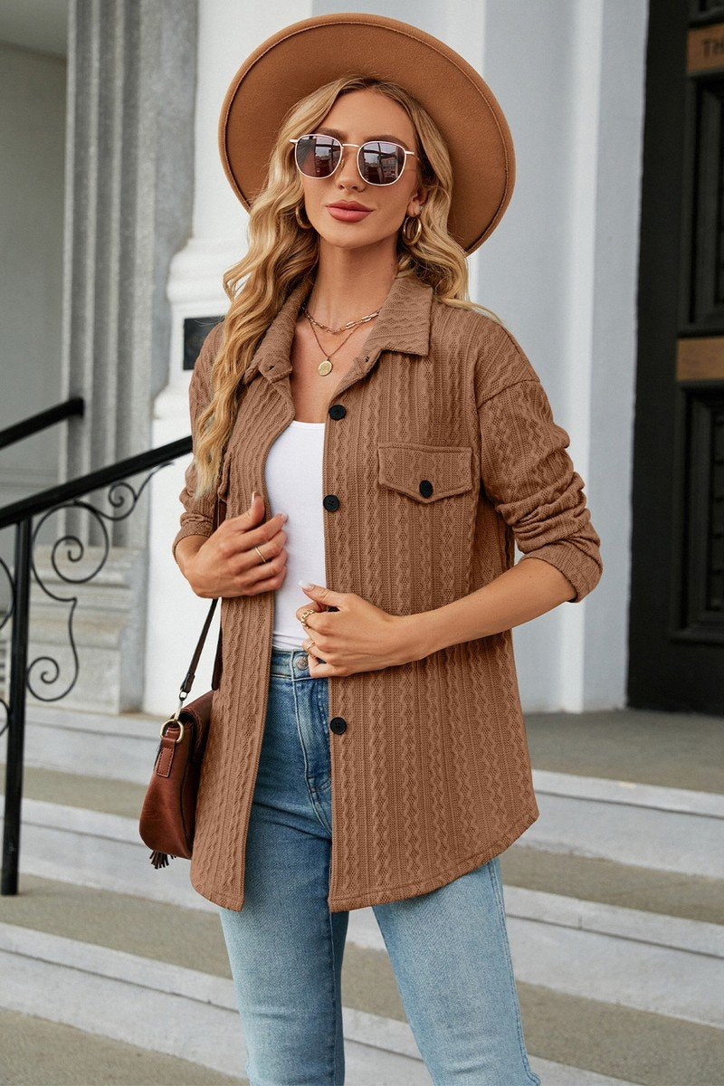 WOMEN PATTERN STITCHED BUTTON DOWN SHACKET