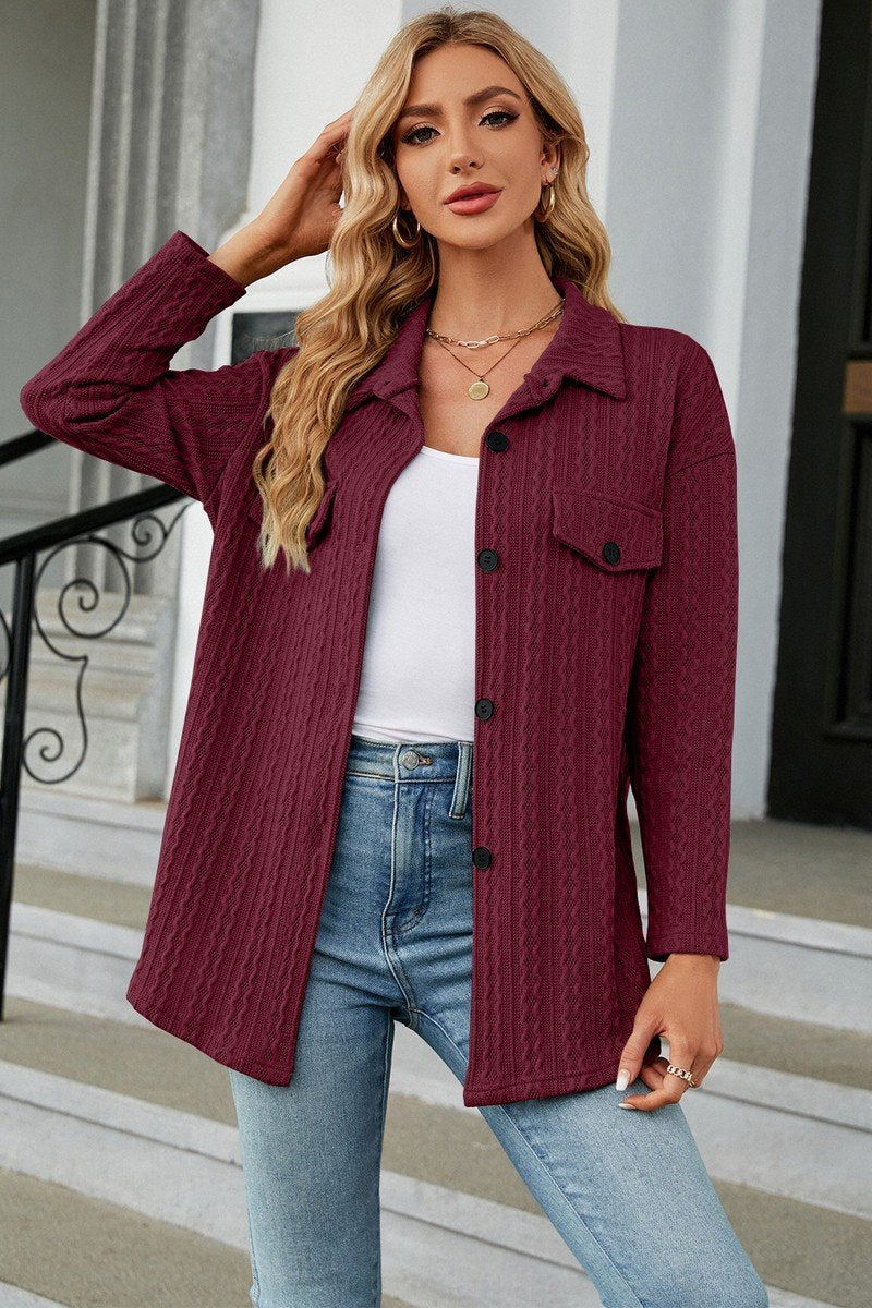 WOMEN PATTERN STITCHED BUTTON DOWN SHACKET