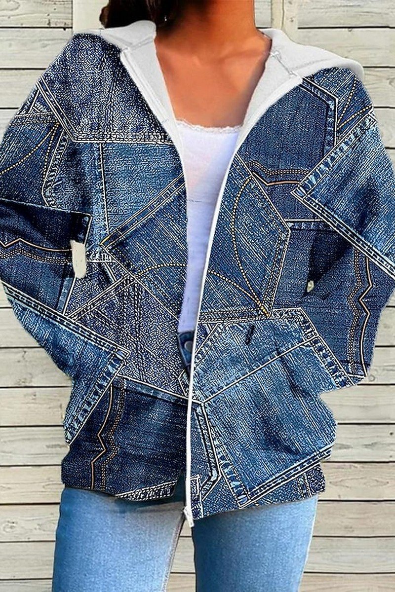 WOMEN 3D PRINTING ZIP UP HOODED CASUAL JACKET