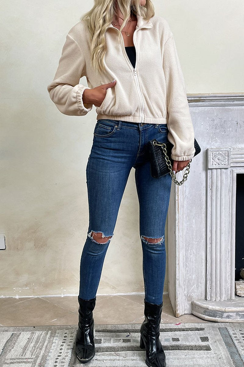 WOMEN ZIPPER SOLID COLOR FW FLEECE JACKET