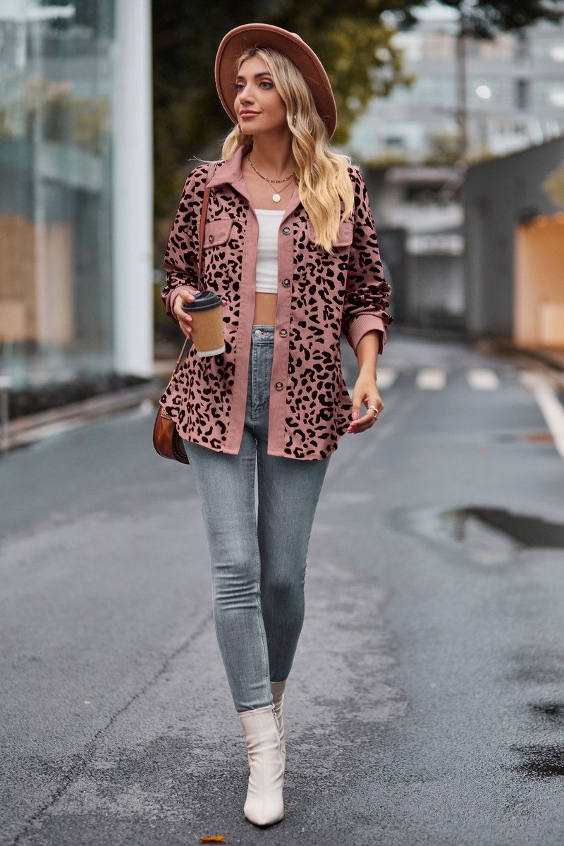 LAPEL LEOPARD SHACKET LONG SLEEVE SHIRT JACKET