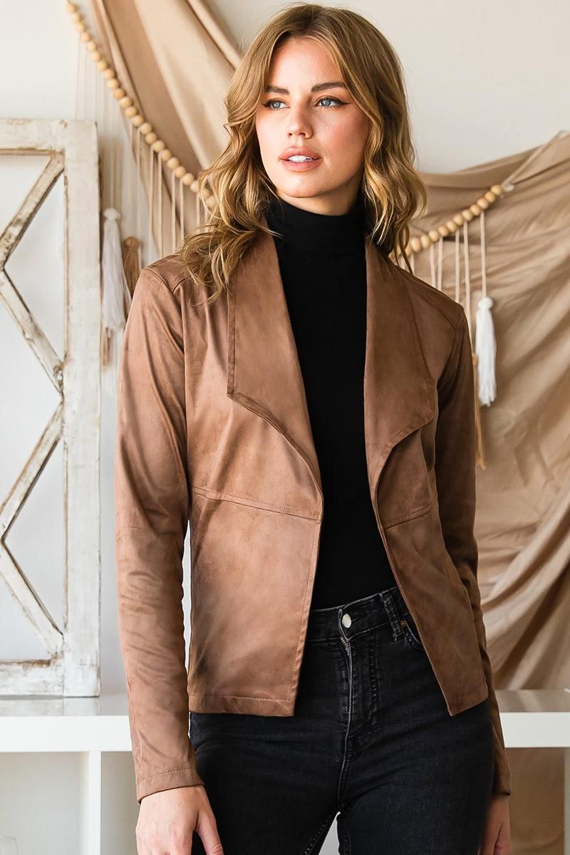 WATERFALL FAUX SUEDE OVER HIP LENGTH JACKET - Doublju