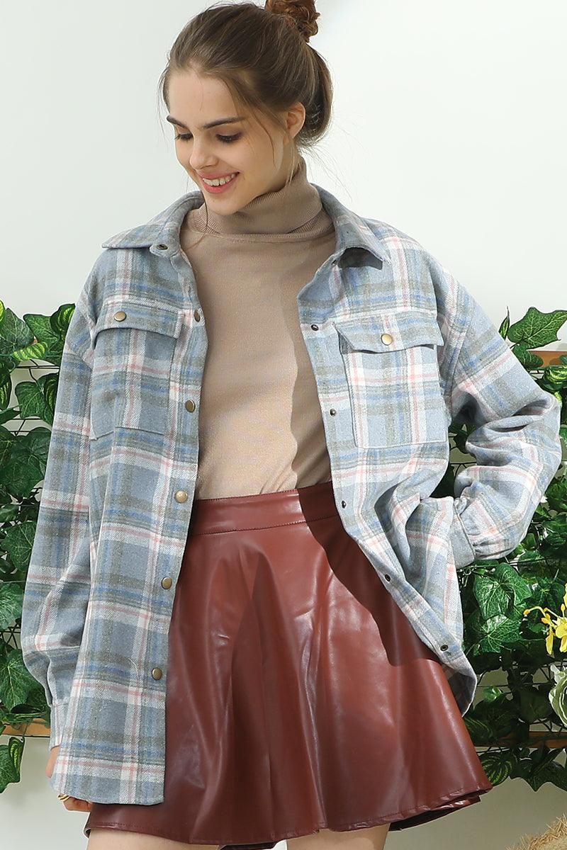 FLANNEL PLAID JACKET SHACKET WITHOUT SIDE POCKET - Doublju