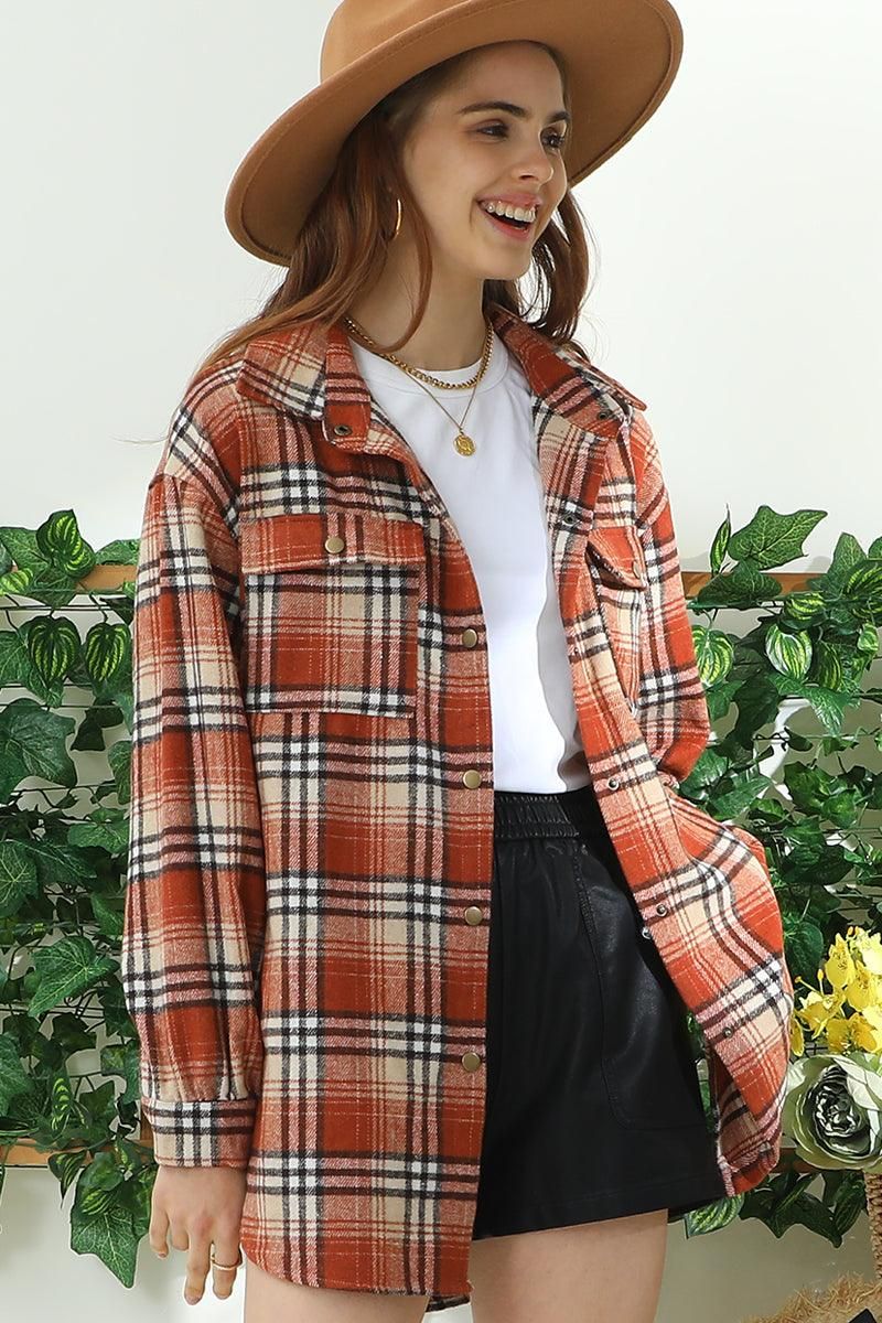 FLANNEL PLAID JACKET SHACKET WITHOUT SIDE POCKET - Doublju