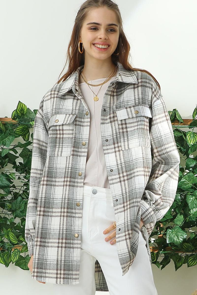 FLANNEL PLAID JACKET SHACKET WITHOUT SIDE POCKET - Doublju