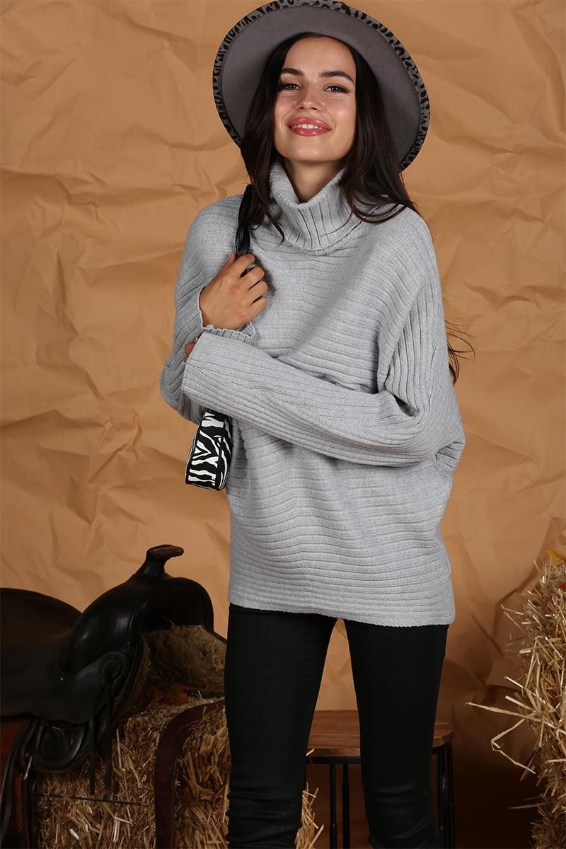 CORDUROY TURTLE NECK LOOSE SLEEVE PULLOVER - Doublju