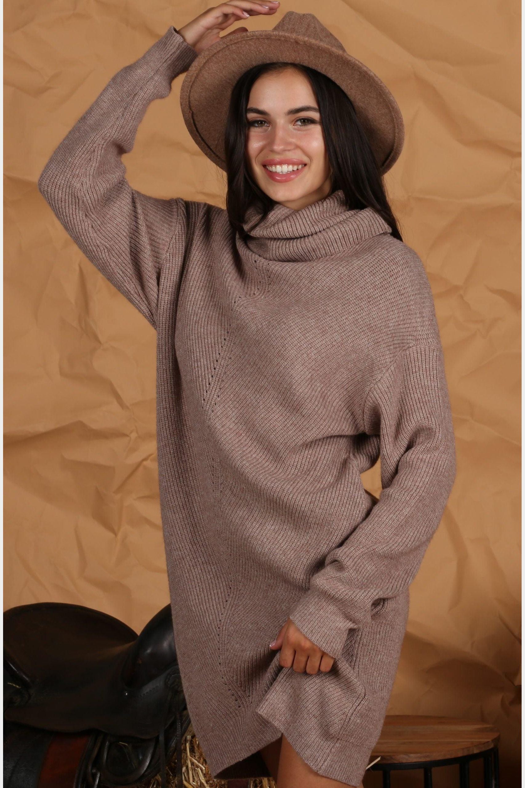 TURTLE NECK MIDI KNIT SWEAT DRESS - Doublju