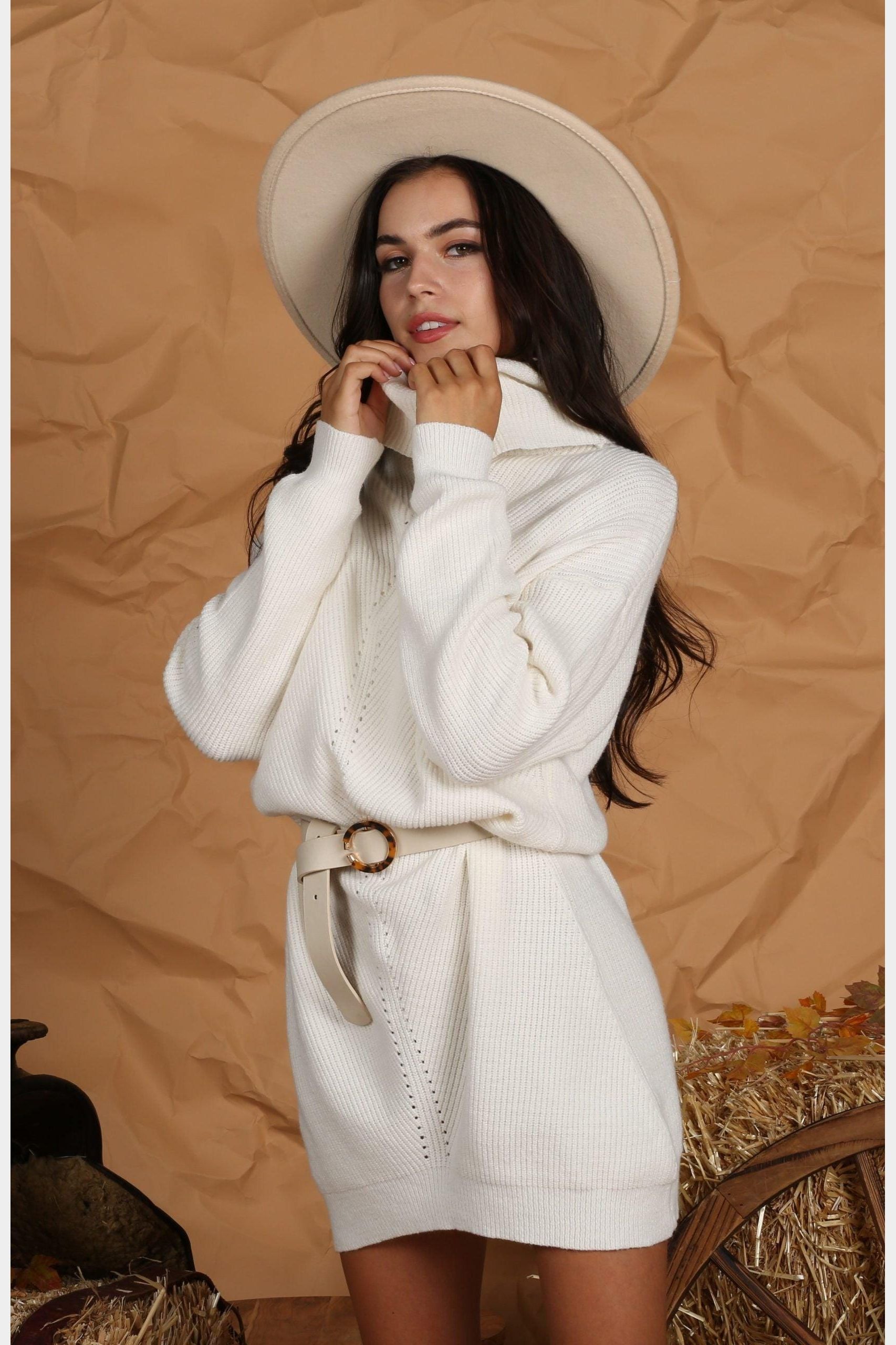 TURTLE NECK MIDI KNIT SWEAT DRESS - Doublju