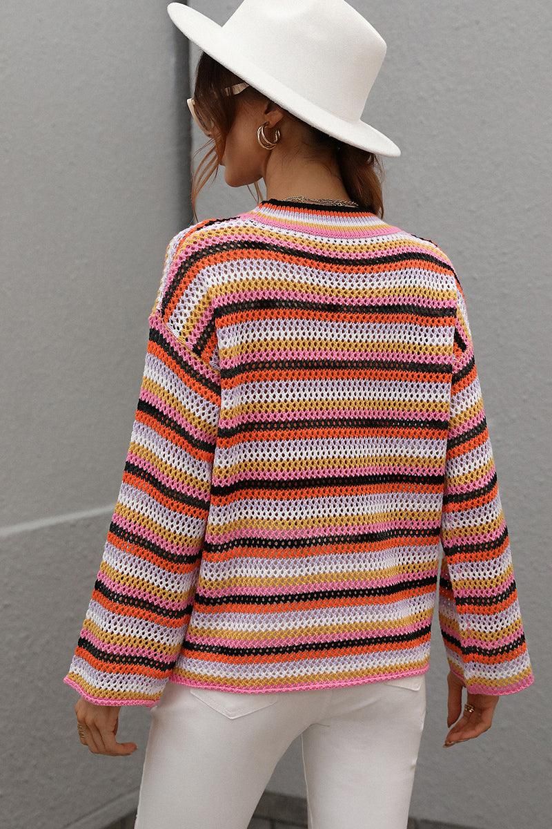 COLOR STRIPE KNIT PULL OVER SWEATER TOP - Doublju