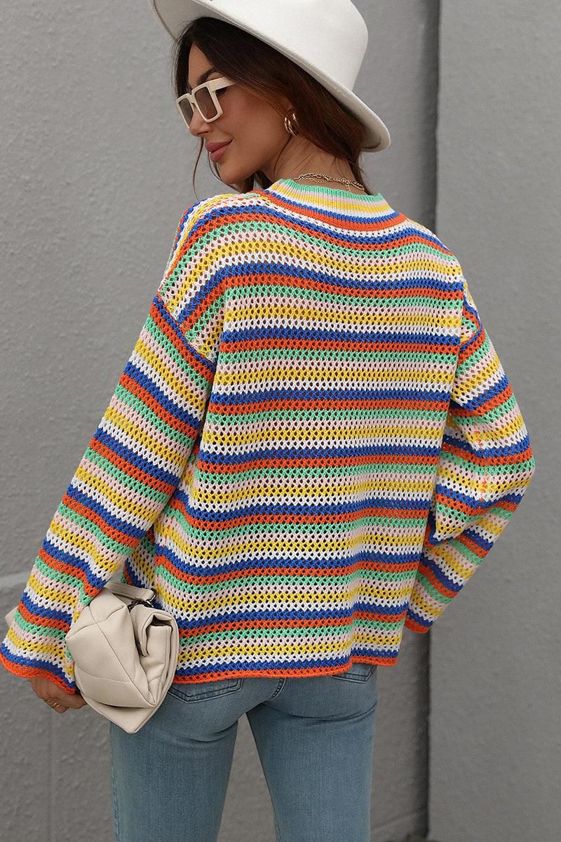 COLOR STRIPE KNIT PULL OVER SWEATER TOP - Doublju