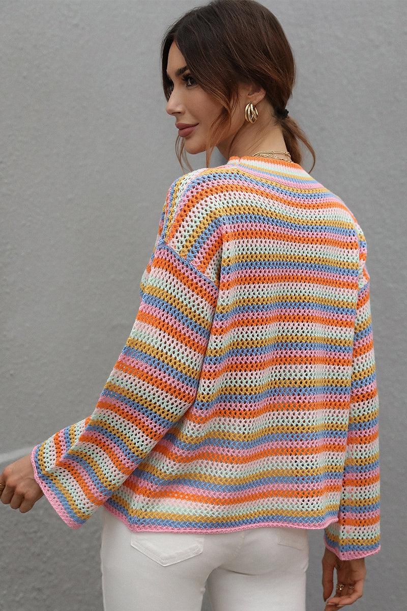 COLOR STRIPE KNIT PULL OVER SWEATER TOP - Doublju