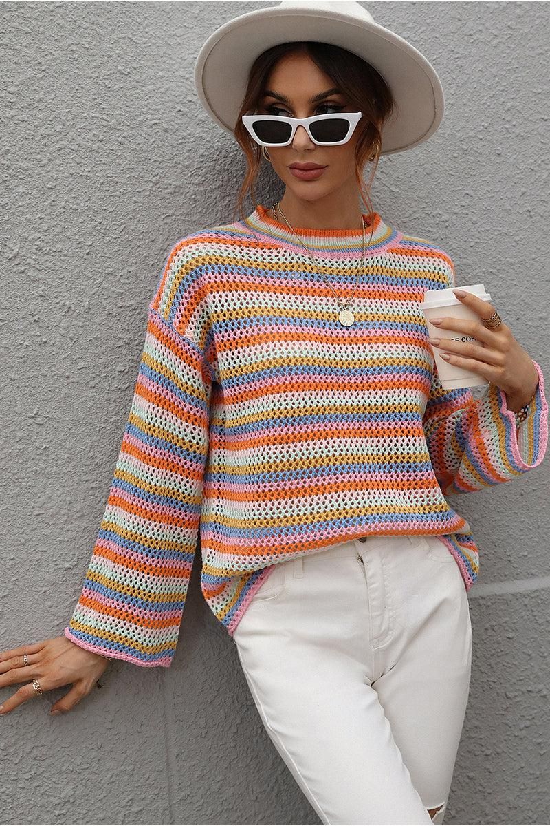 COLOR STRIPE KNIT PULL OVER SWEATER TOP - Doublju