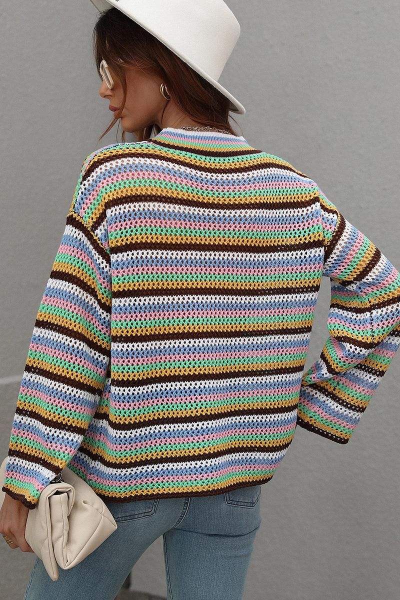 COLOR STRIPE KNIT PULL OVER SWEATER TOP - Doublju