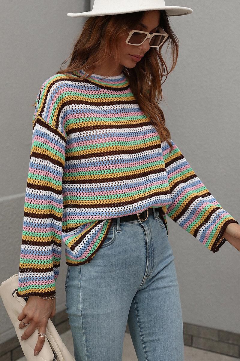 COLOR STRIPE KNIT PULL OVER SWEATER TOP - Doublju