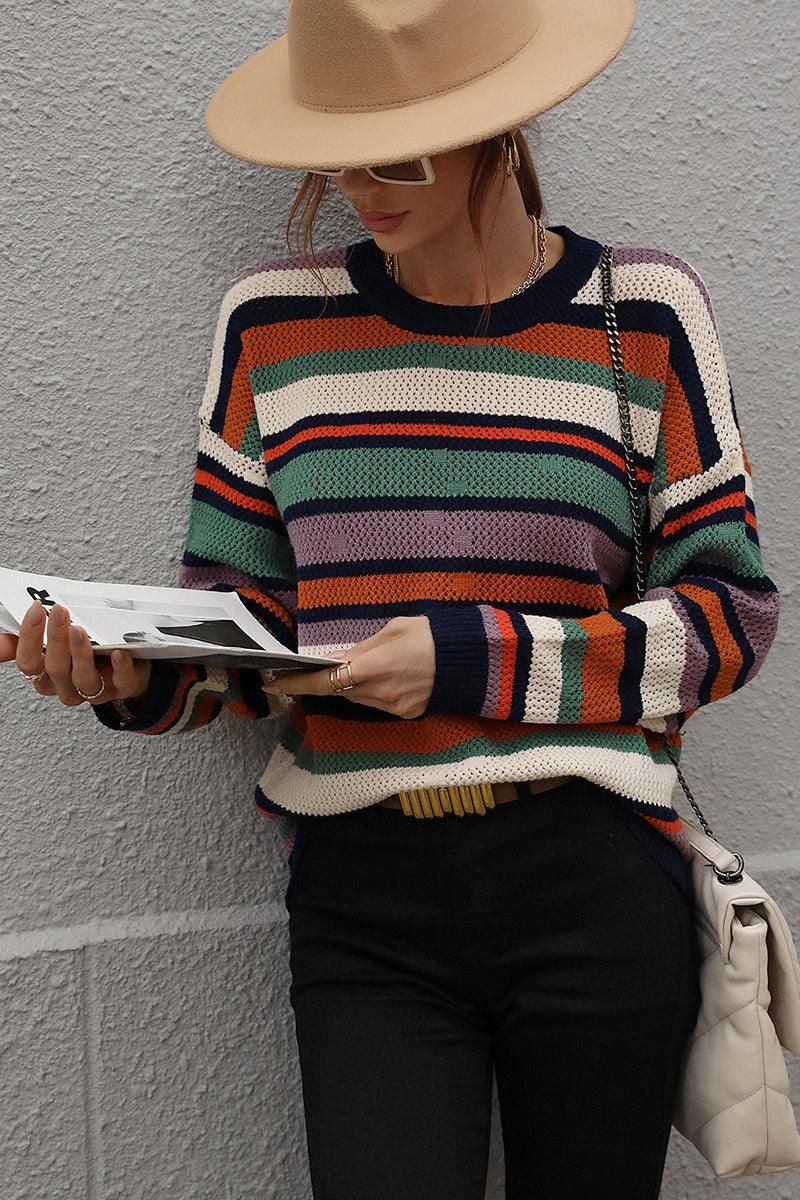 COLORED STRIPE KNIT SWEATER TOP - Doublju